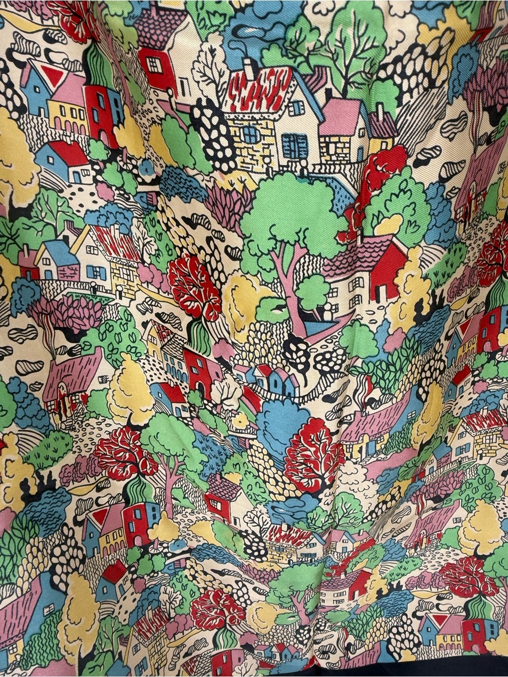 Liberty of London Silk Scarf w/ Colorful Village Scene & Black Border - Picture 4 of 10